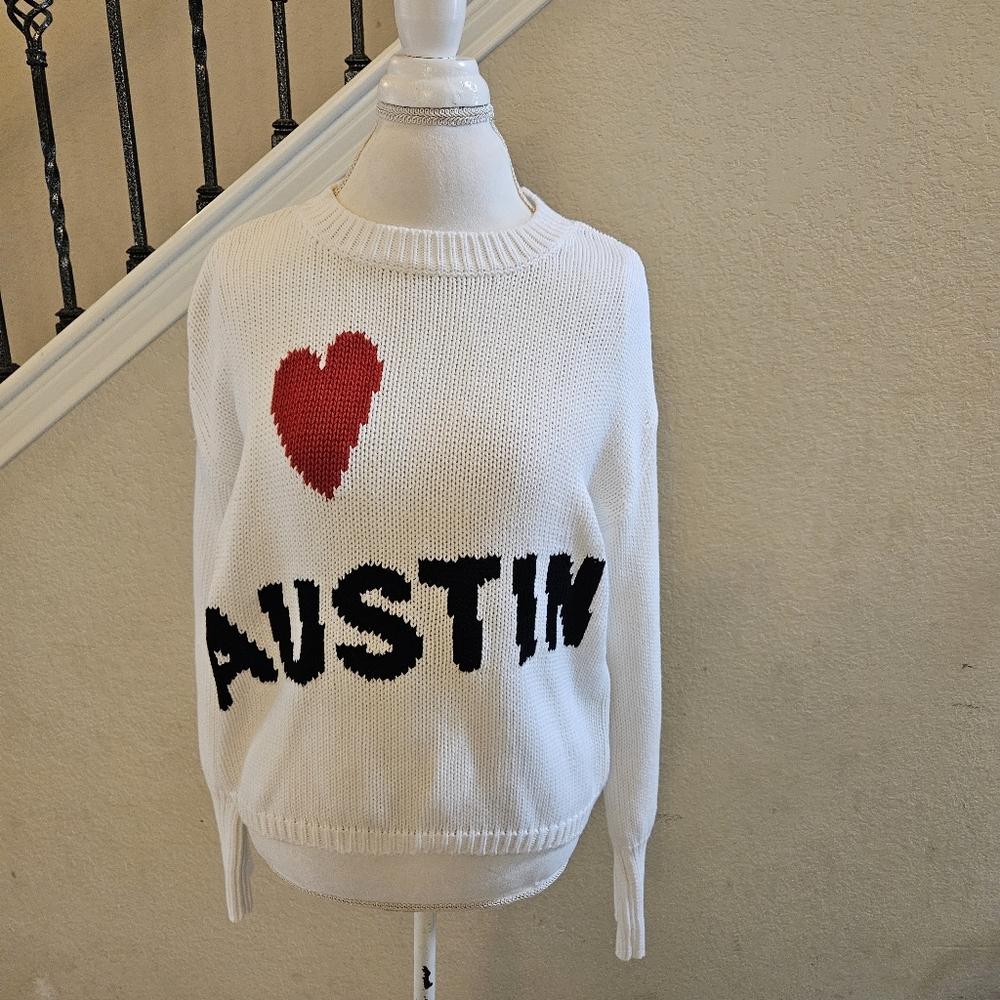 525 AMERICA Women's White Heart Austin Knit Sweater 100% Cotton NWT Small